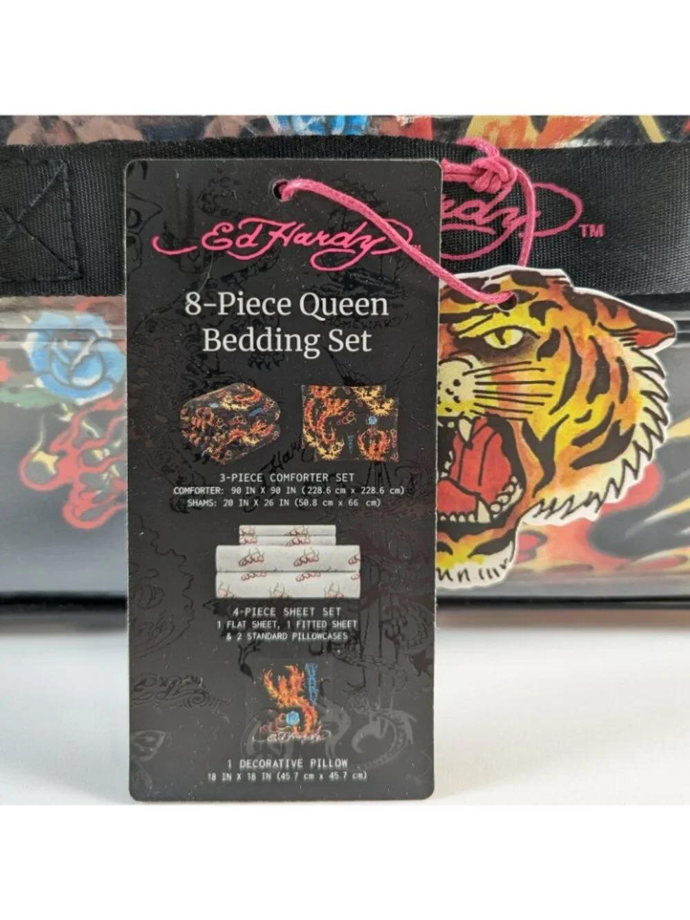 Ed Hardy Queen Comforter Set Shams Pillow Sheets w Black Roses Flames Black
